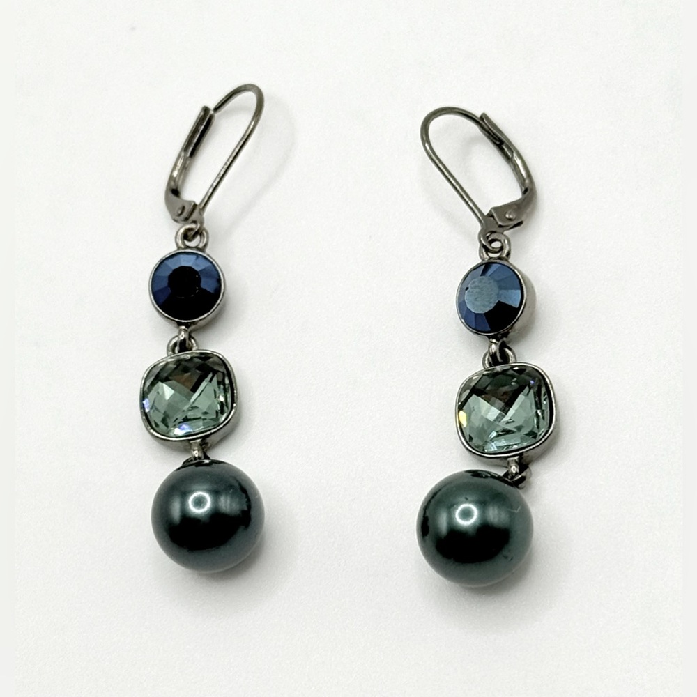 Givenchy Faux Peacock Pearl Blue Crystal Gun Metal Earrings 1.5 In Long